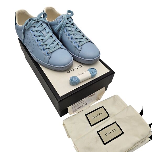 Gucci GG Ace Sneakers Size 39 US 9 Light Blue Leather Authentic Designer Low Top - Picture 2 of 11
